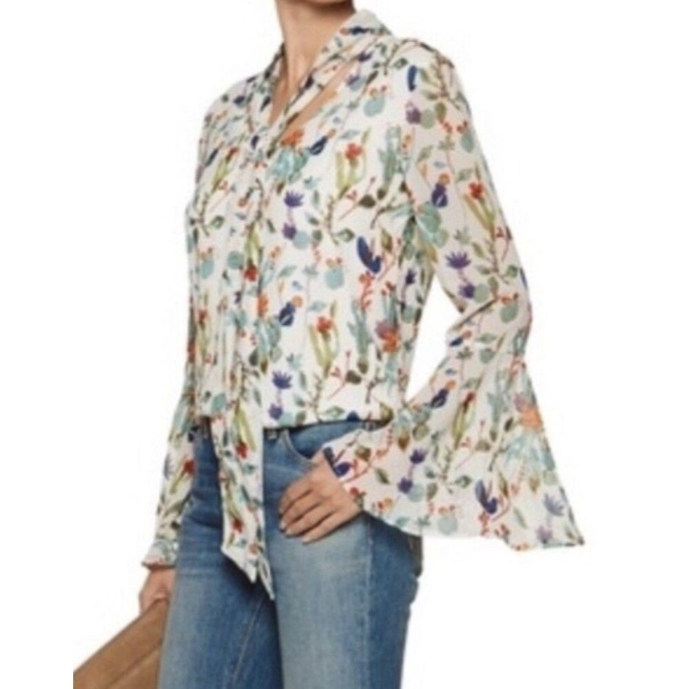 Walter Baker Cactus Blossom Bell Sleeve Blouse White Green Tie Front, size small